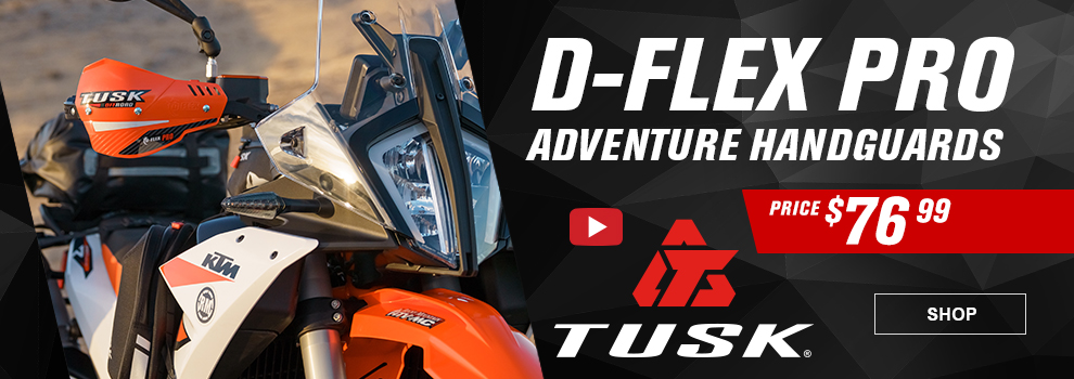 Tusk D-Flex Pro Adventure Handguards, Video, Price $76 and 99 cents, the orange shields with black bars mounted to a KTM adventure bike, link, shop
